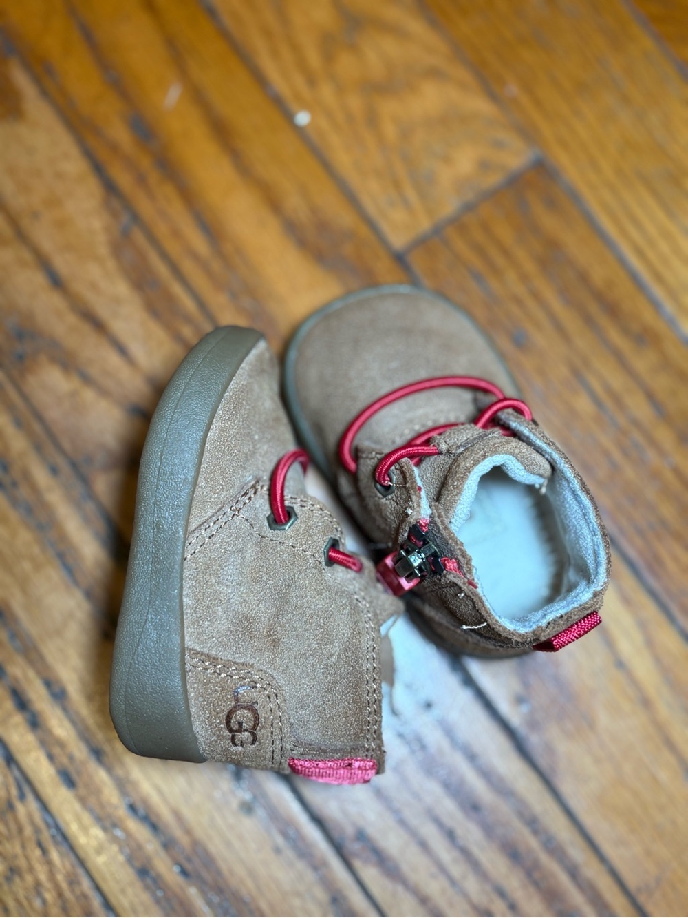 UGG Brown Suede Baby Walker Boots with Pink Accoring Details